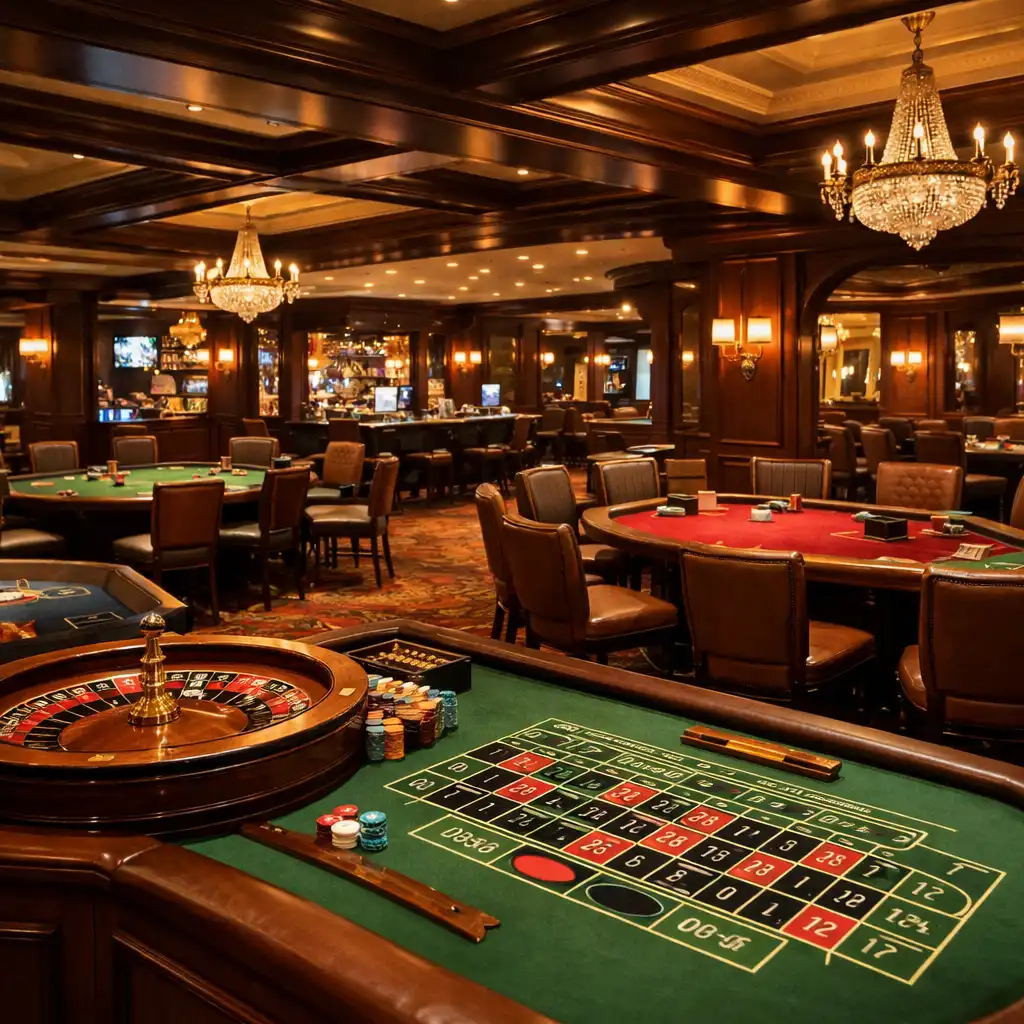 Vue d'ensemble de l'espace casino avec plusieurs tables de jeu et éclairage tamisé
