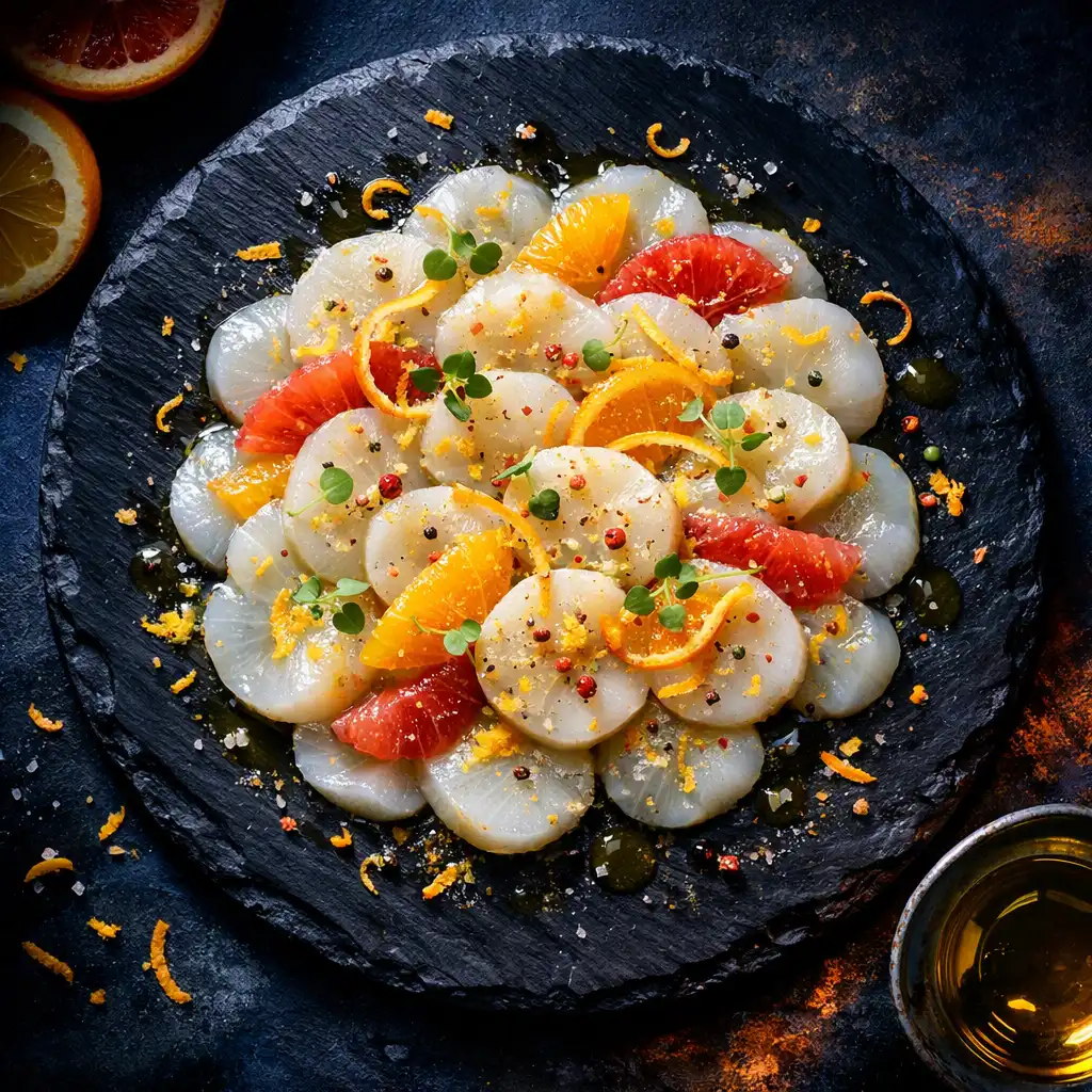 Carpaccio de Saint-Jacques aux agrumes, avec tranches fines, zestes d'orange et huile d'olive, présenté sur une assiette en ardoise.