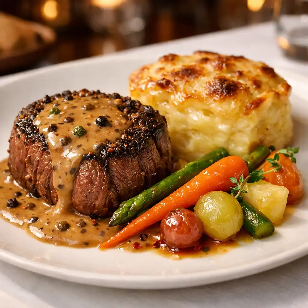 Assiette signature du chef avec filet de bœuf sauce au poivre et gratin dauphinois