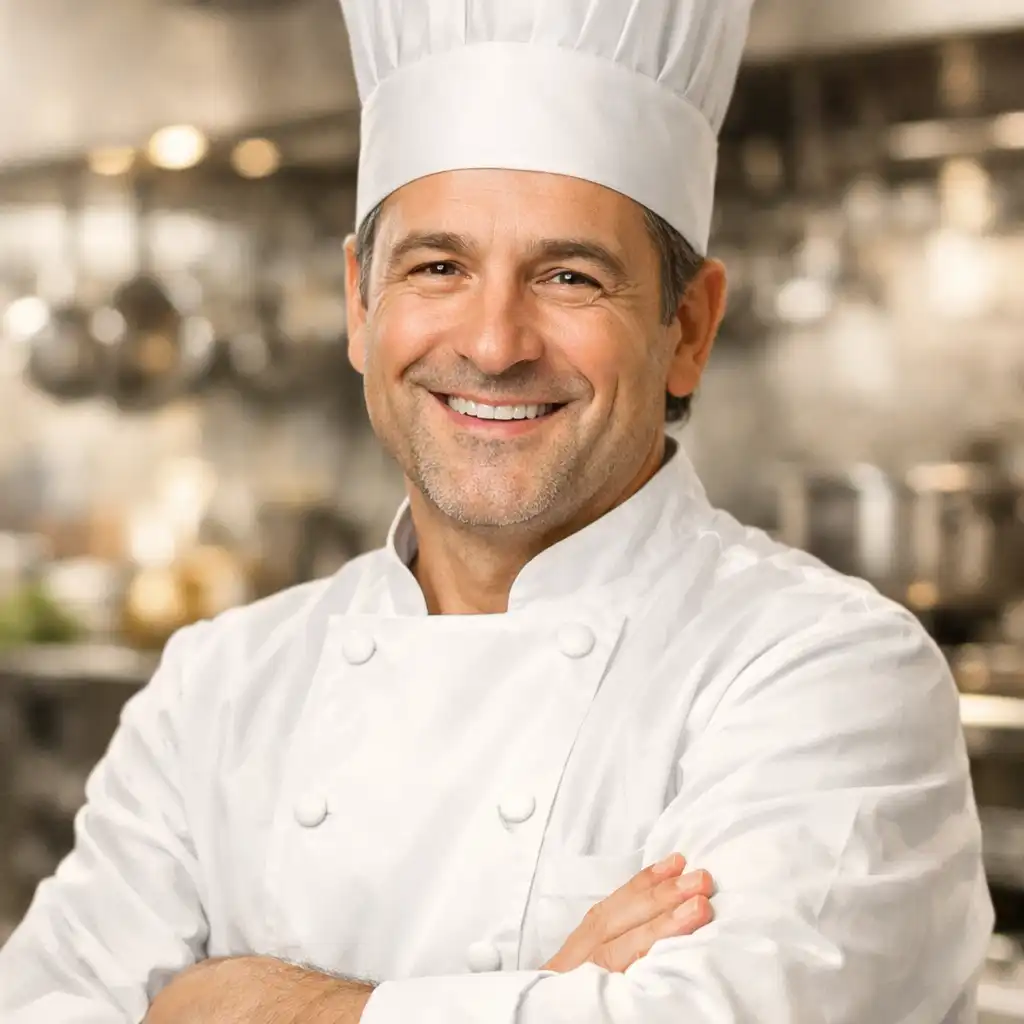 Portrait d'un chef cuisinier souriant en tenue blanche