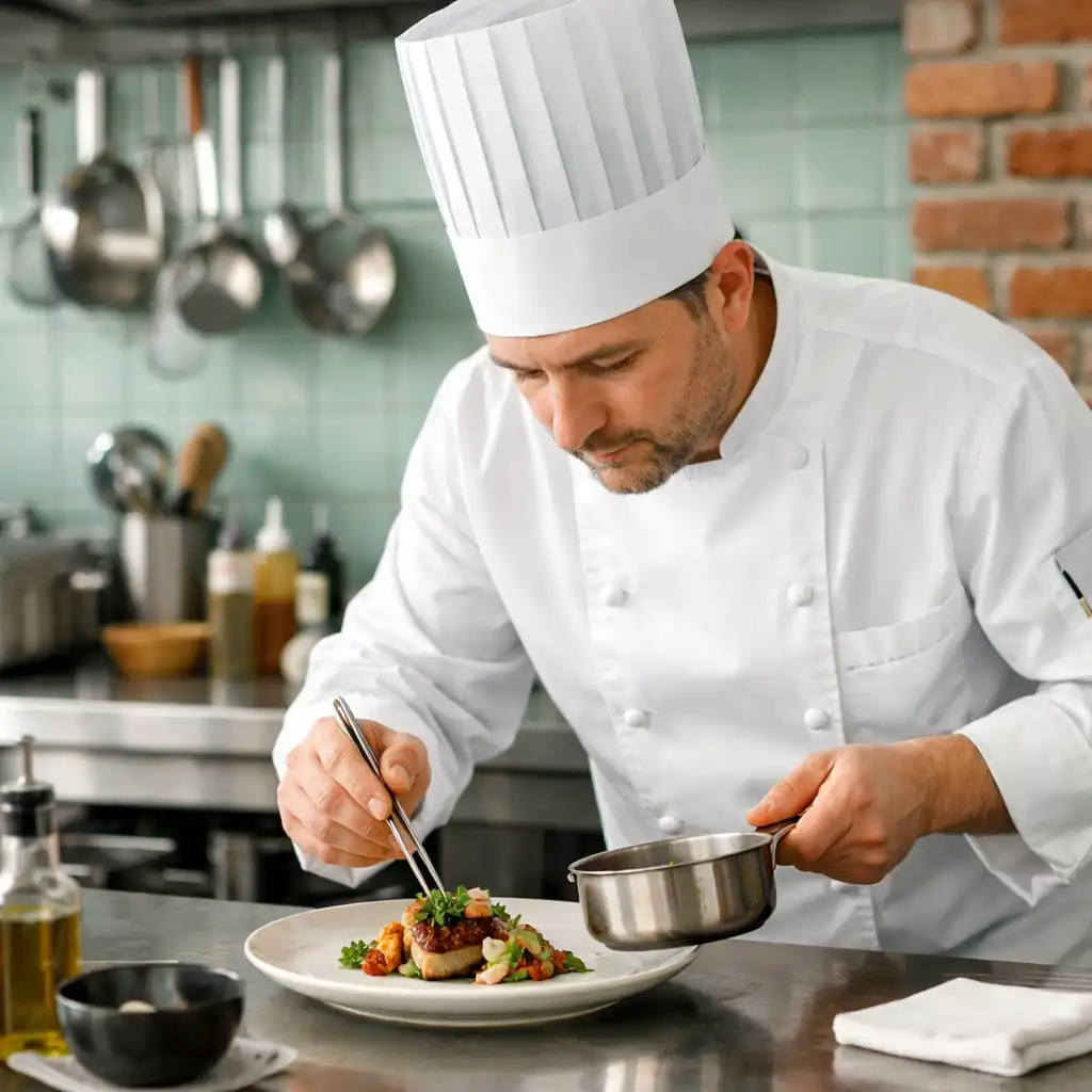 Chef cuisinier préparant un plat dans la cuisine professionnelle