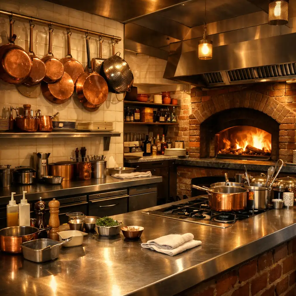 Cuisine élégante du restaurant avec four à bois et casseroles en cuivre