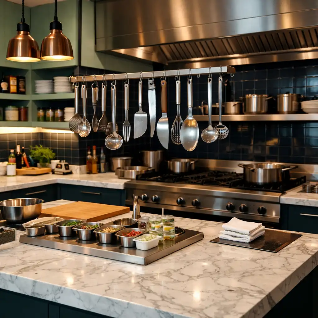Intérieur d'une cuisine de restaurant moderne avec plans de travail en marbre