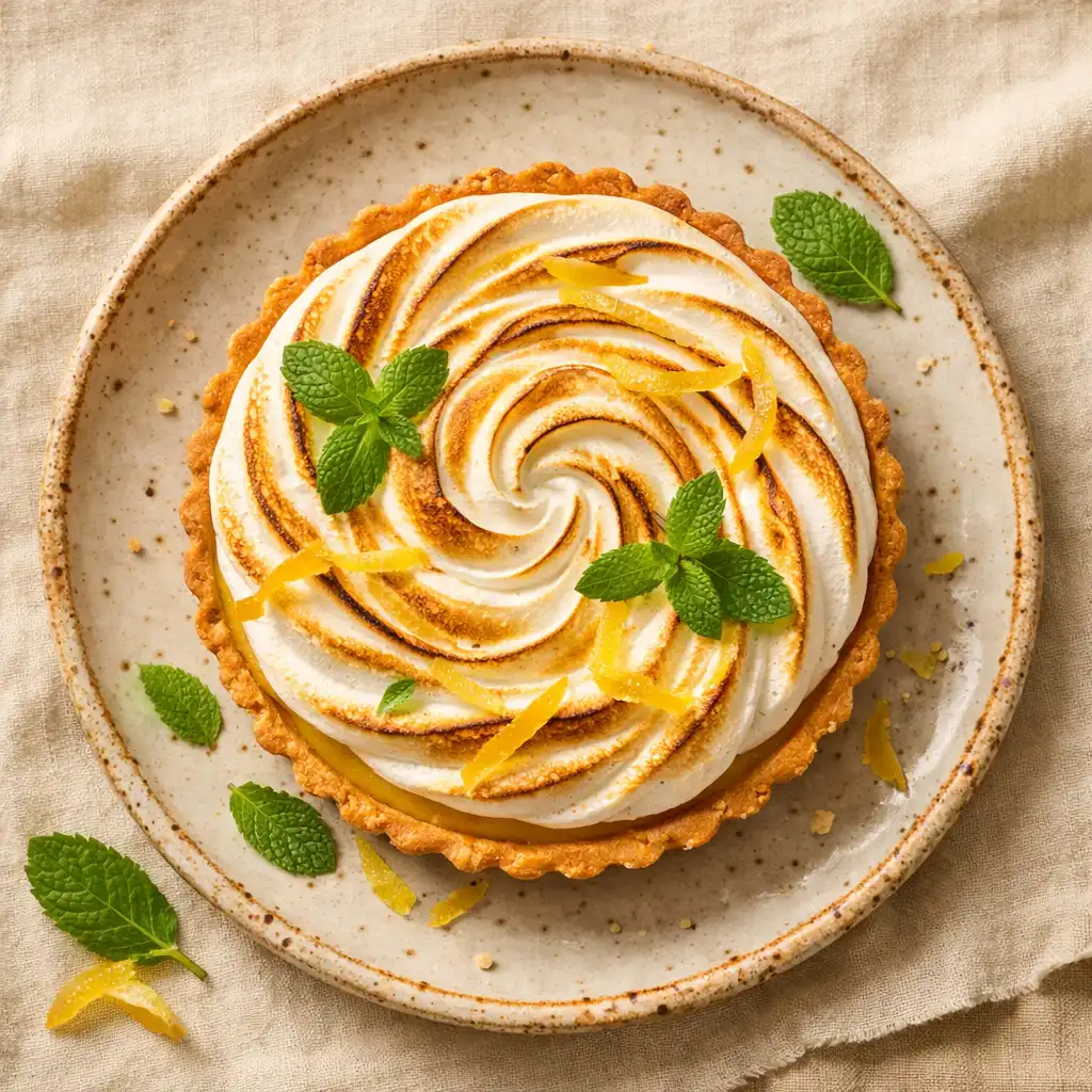Tarte au citron meringuée vue de dessus avec meringue dorée