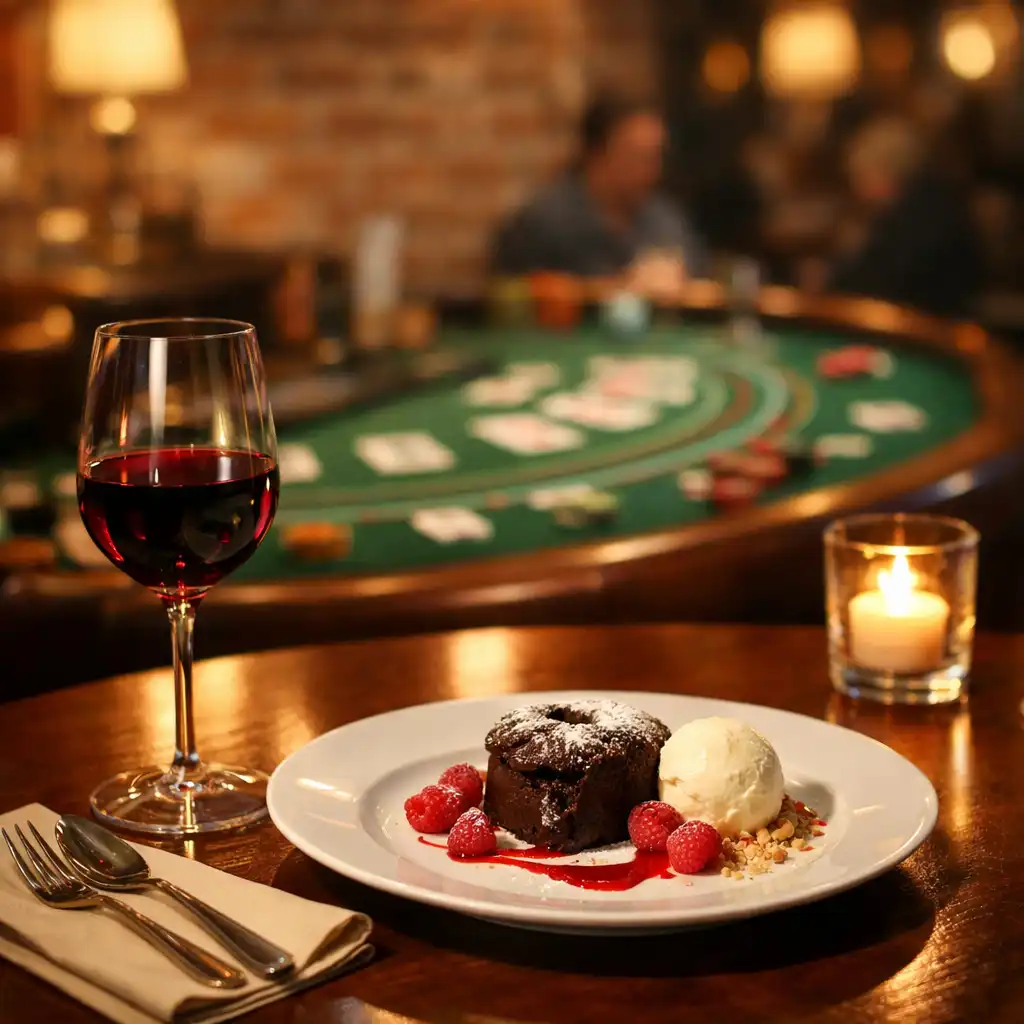 Table de restaurant avec un verre de vin rouge et une assiette de dessert, en arrière-plan flou une table de blackjack avec des cartes.