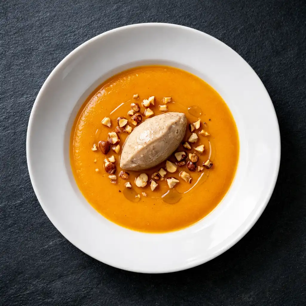 Velouté de potimarron vu de dessus avec crème de châtaigne et noisettes