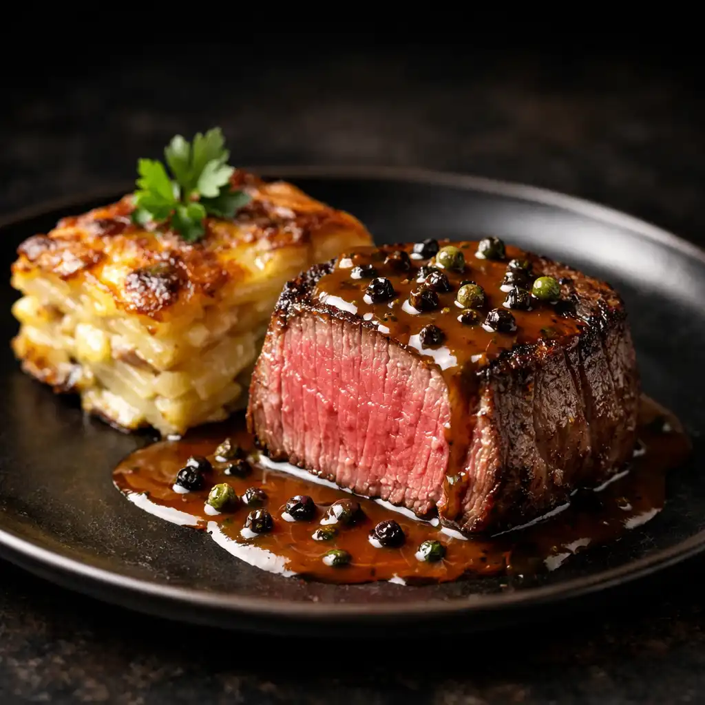 Filet de bœuf sauce au poivre avec gratin dauphinois