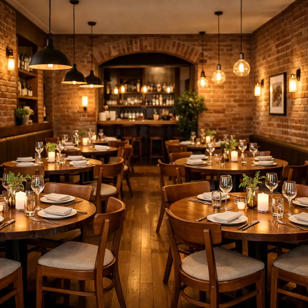 Vue d'ensemble d'une salle de restaurant avec tables rondes, chaises en bois, mur en briques apparentes, éclairage doux.