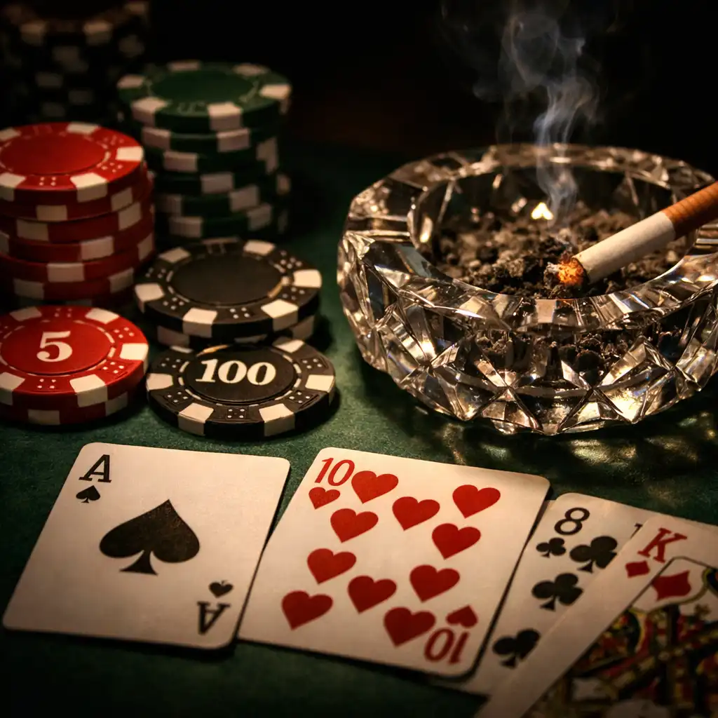 Détail d'une table de poker avec cartes, jetons et un cendrier en cristal, éclairage ponctuel.