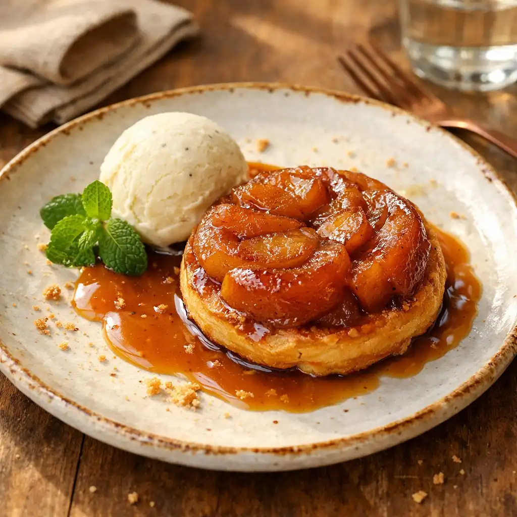 Assiette de dessert élégant, tarte Tatin avec boule de glace vanille, présentée sur une assiette en céramique.