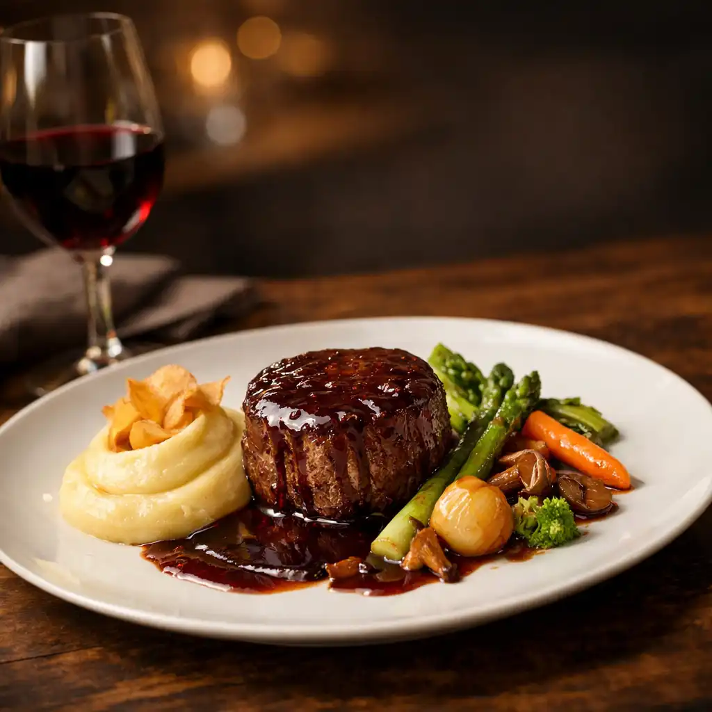 Assiette gastronomique française avec filet de bœuf sauce au vin rouge, légumes de saison et purée onctueuse, accompagnée d'un verre de vin rouge