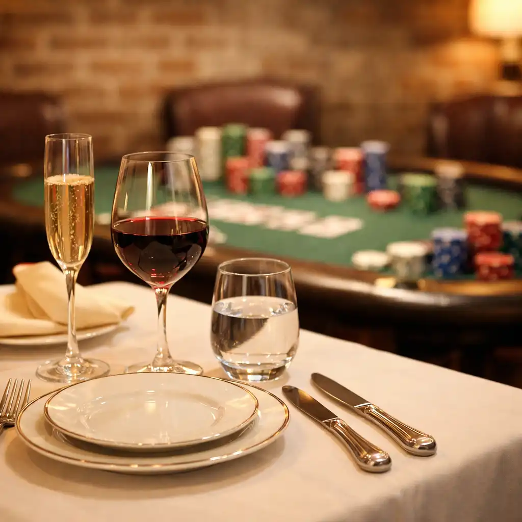 Table de restaurant élégante avec nappe blanche, couverts en argent et verres à vin, en arrière-plan flou une table de poker avec des jetons colorés.