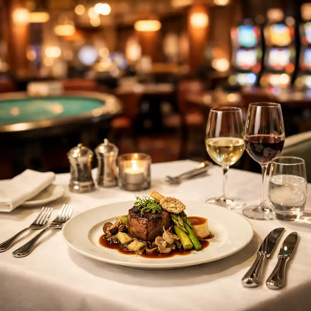 Table de restaurant élégante avec nappe blanche, couverts en argent et plat gastronomique, arrière-plan flou évoquant un casino