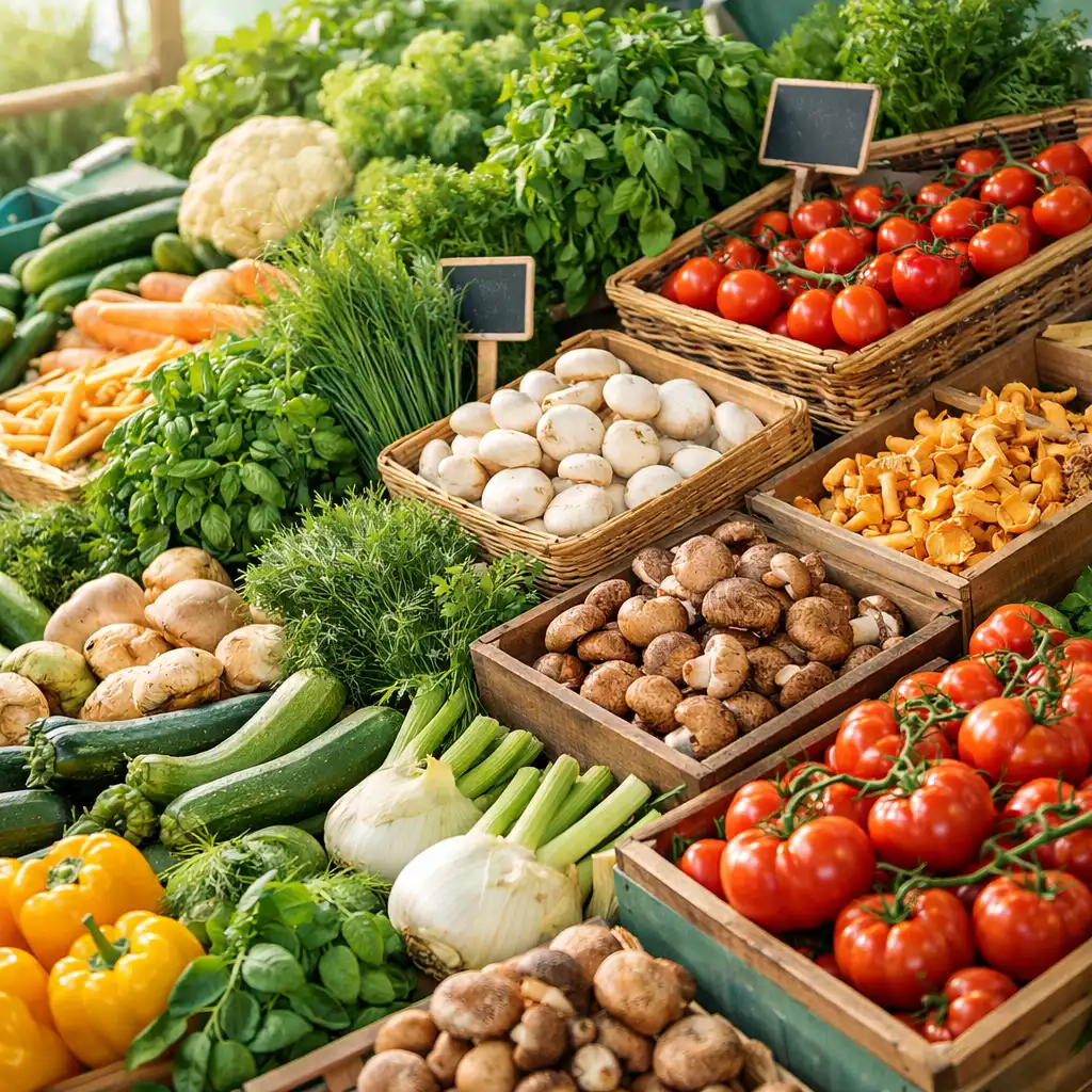 Étal de légumes frais, herbes aromatiques et champignons