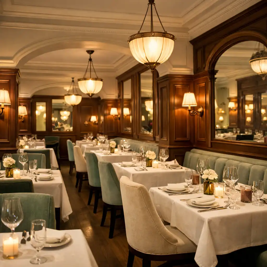 Intérieur d'un restaurant français élégant avec boiseries, tables dressées, chaises en velours, éclairage tamisé par des suspensions.
