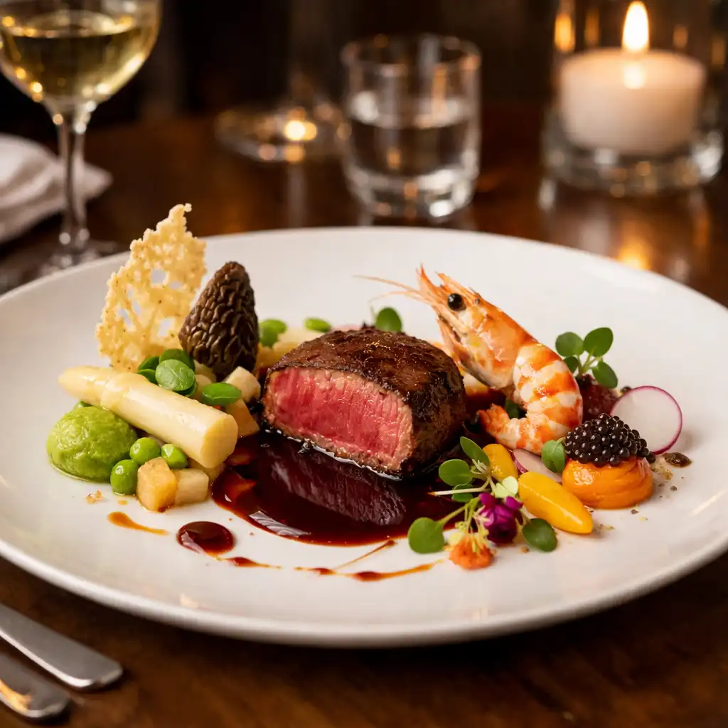 Plat gastronomique français dressé avec raffinement, servi au restaurant
