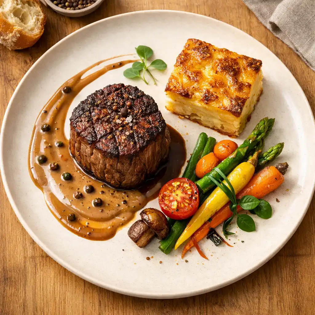 Plat gastronomique français élégant vu de dessus