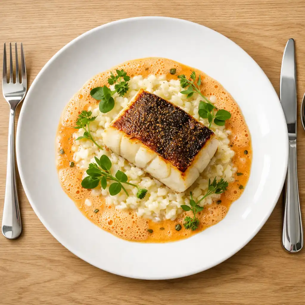 Dos de cabillaud rôti sur risotto crémeux vu de dessus