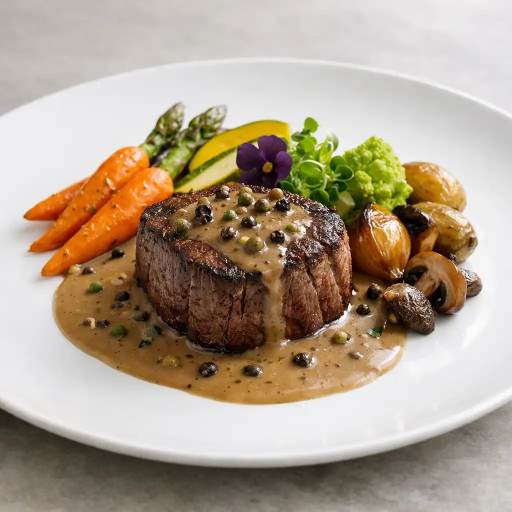 Plat raffiné de filet de bœuf avec sauce au poivre, accompagné de légumes de saison, dressé avec soin sur une assiette blanche.