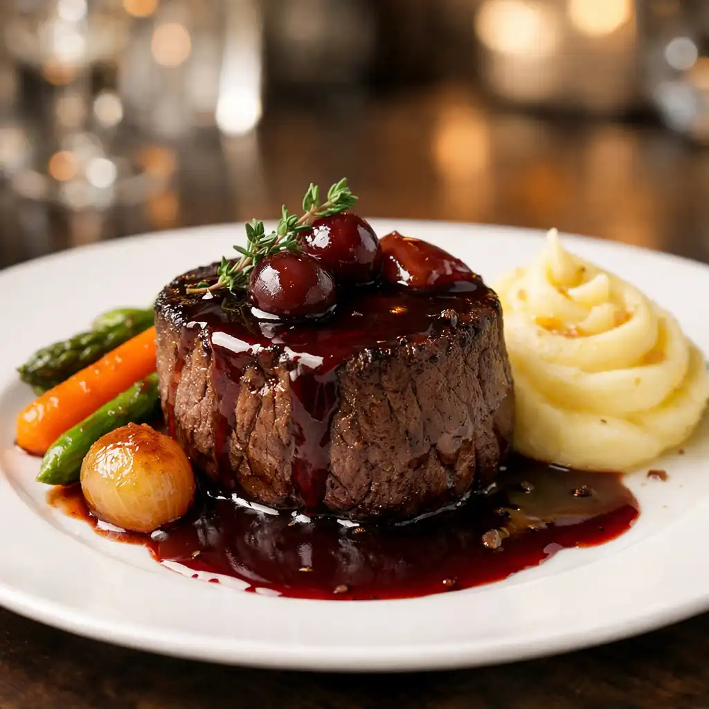 Plat signature de cuisine française avec filet de bœuf, sauce au vin rouge et légumes glacés