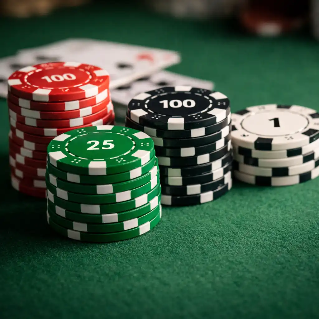 Gros plan sur des jetons de poker en céramique de différentes couleurs empilés sur un tapis de feutre vert