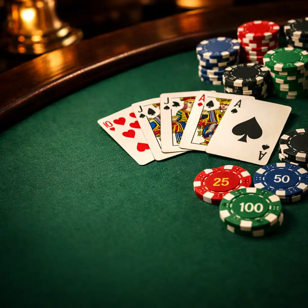 Table de poker en bois sombre avec tapis de feutre vert, cartes à jouer et jetons en céramique sous un éclairage tamisé
