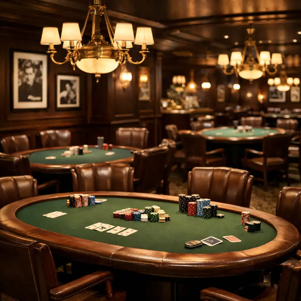 Vue d'ensemble d'une salle de poker élégante avec tables en bois, chaises en cuir et lustres en laiton
