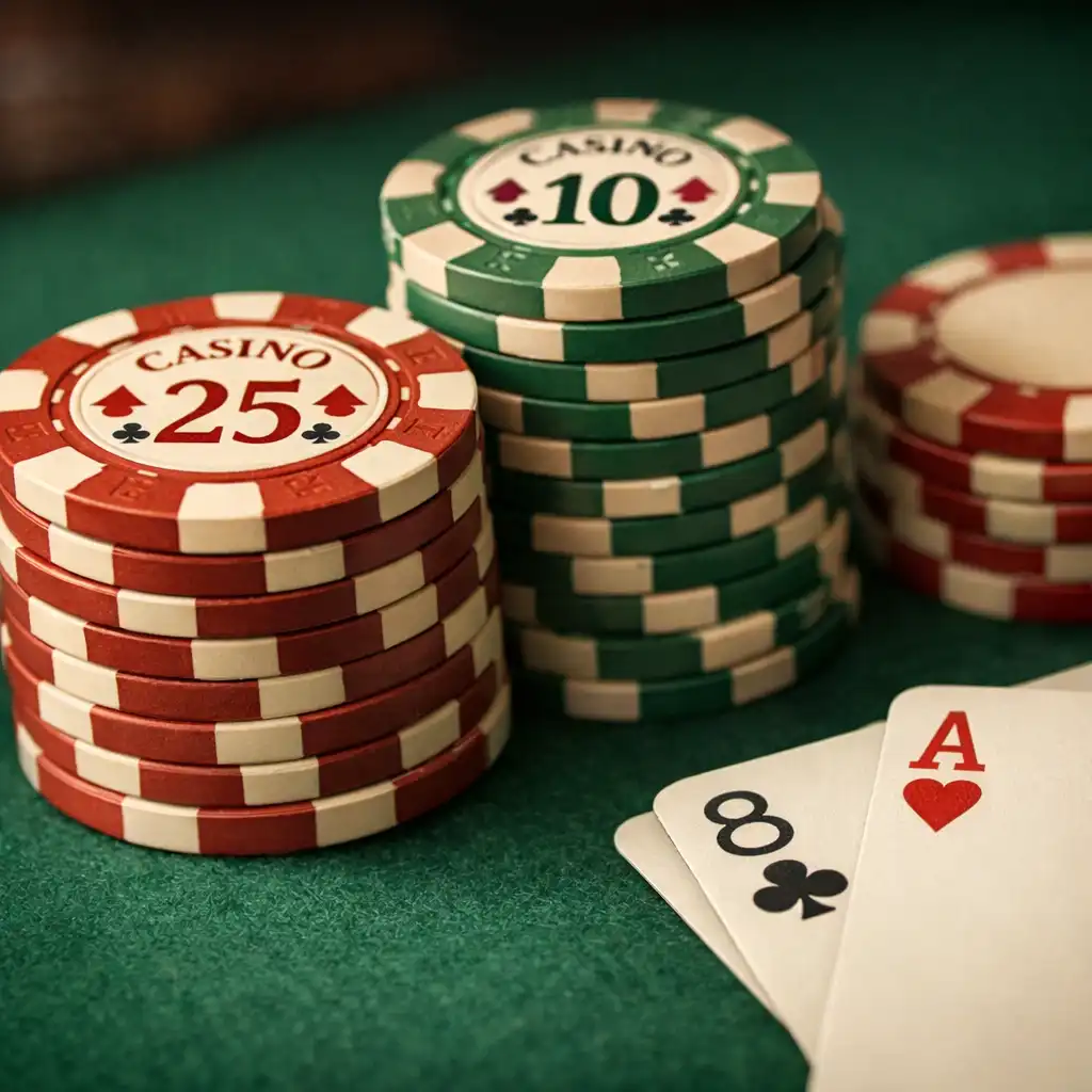 Gros plan sur des jetons de poker en céramique empilés et des cartes à jouer sur un tapis de feutre vert