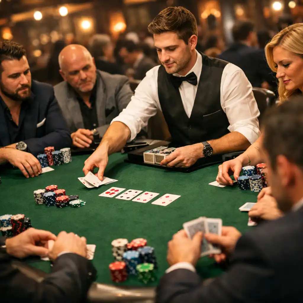 Table de poker animée lors d'un tournoi avec plusieurs joueurs, jetons, cartes et un croupier distribuant les cartes
