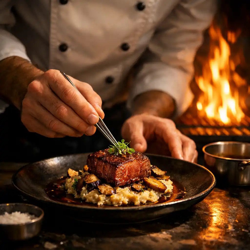 Chef préparant un plat avec précision dans une cuisine professionnelle