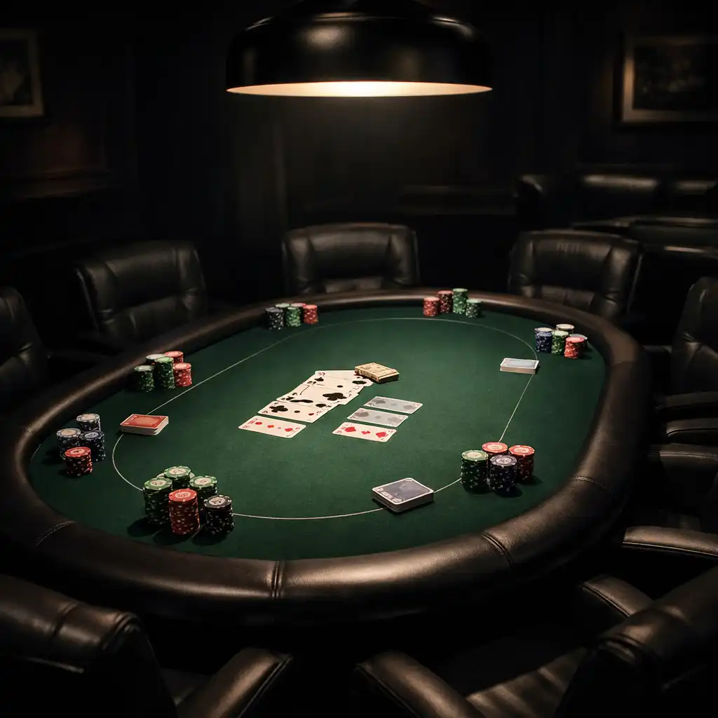 Salle de poker feutrée avec table ovale professionnelle, tapis vert, jetons et cartes
