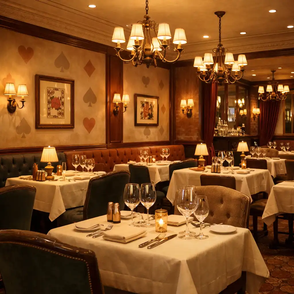 Salle principale du restaurant avec tables en bois sombre, nappes crème et luminaires en laiton