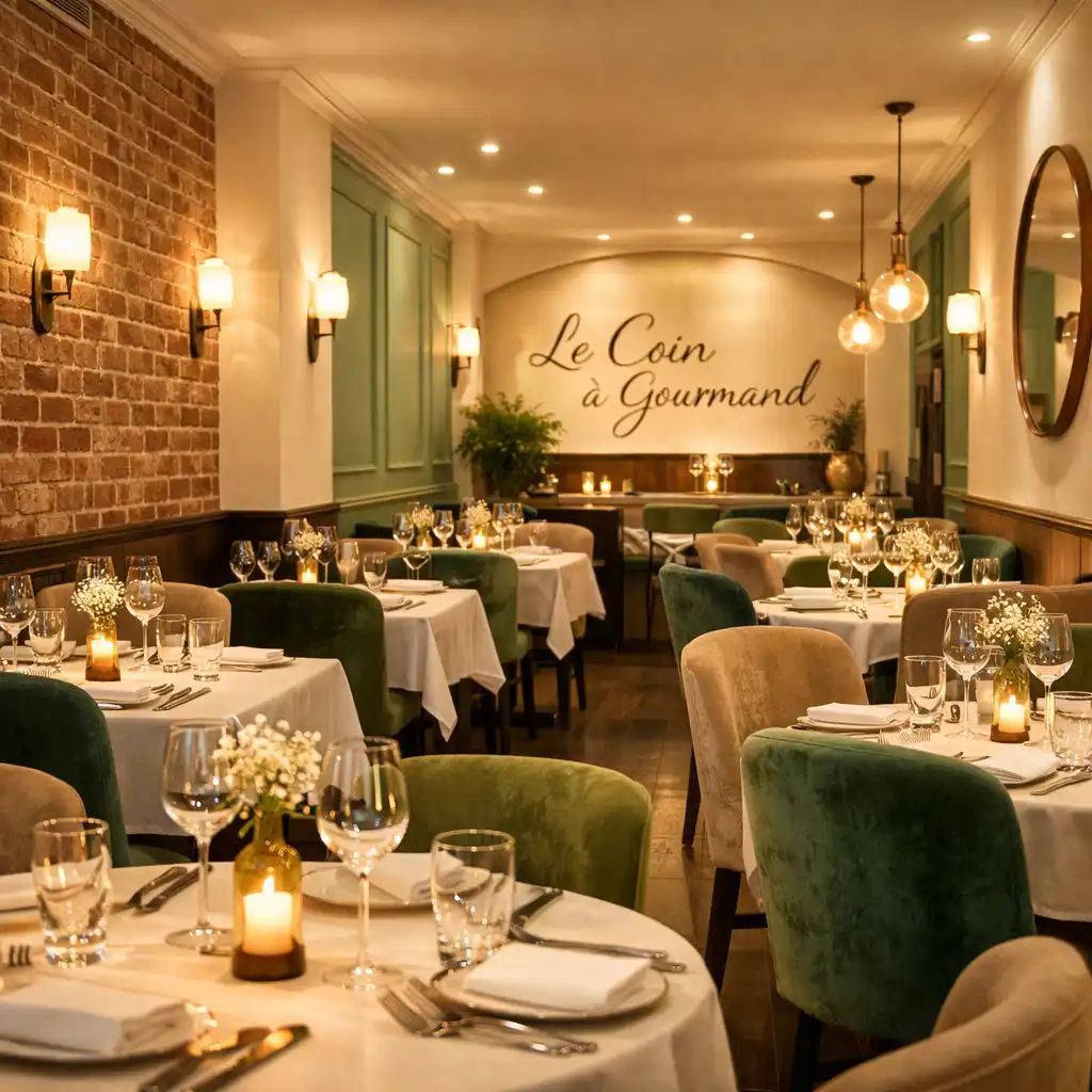 Salle de restaurant élégante avec tables en bois sombre, chaises rembourrées et éclairage chaleureux