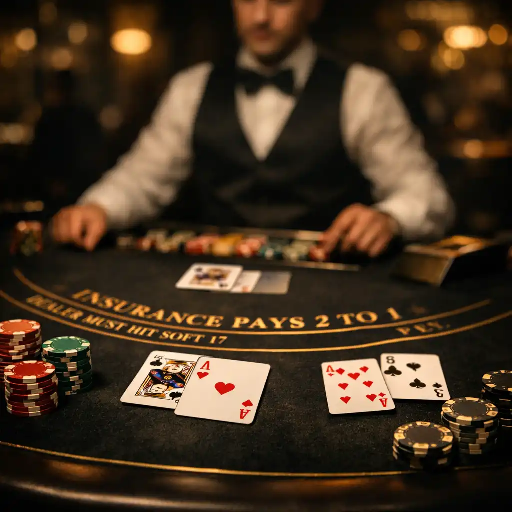 Table de blackjack avec cartes et jetons