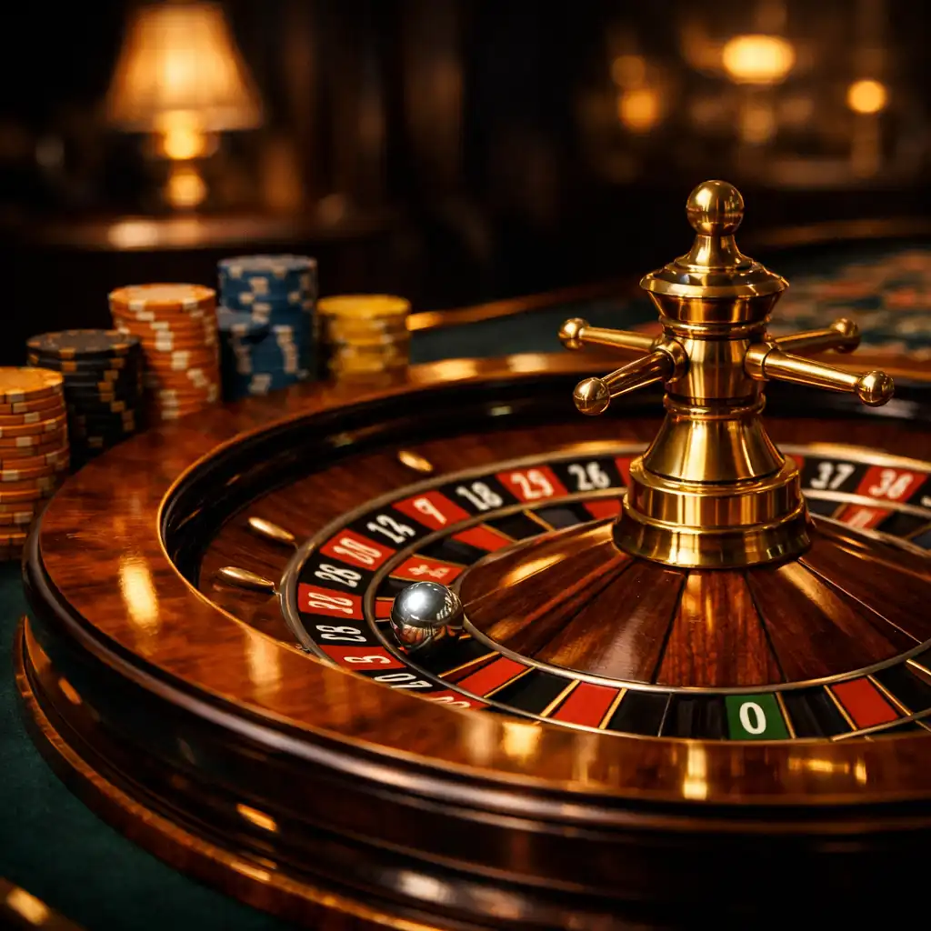 Table de roulette physique avec plateau en bois, bille argentée, jetons empilés, éclairage de casino classique.