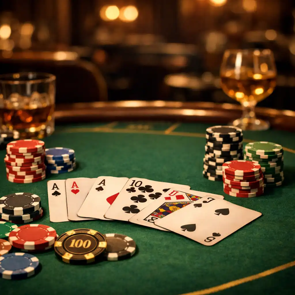 Table de poker physique avec tapis vert, cartes à jouer et jetons de casino