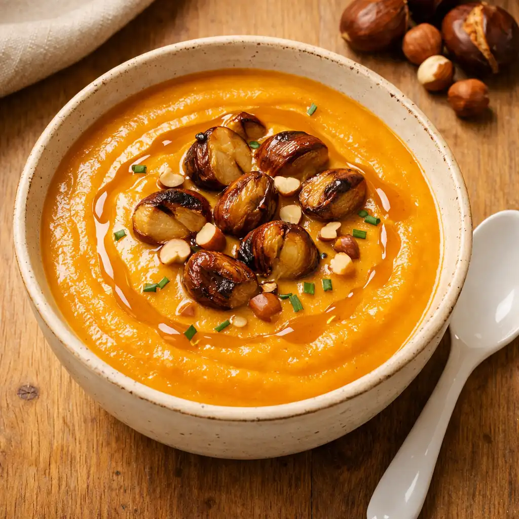 Velouté de potimarron aux châtaignes grillées